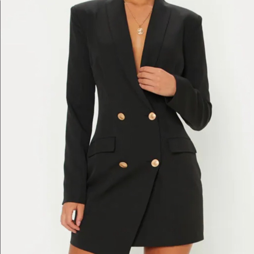 PrettyLittleThing Black Gold Button Blazer Dress. New. US 10/UK 14.
